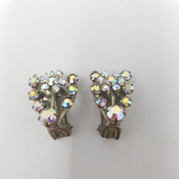 Vintage Rhinestone Clip On Earrings, AB Cluster, Austria, Retro 60s Estate - Picture 5 of 5